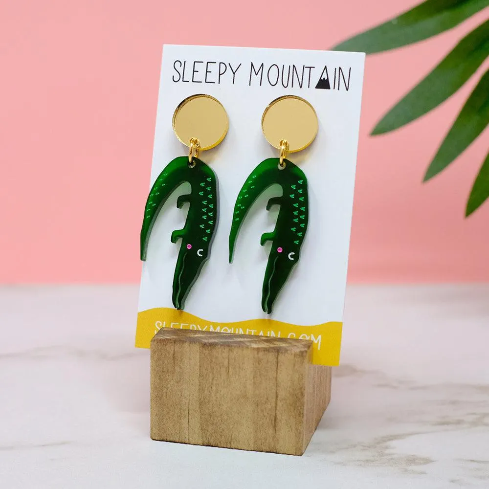 Alligator Earrings - Green Dangle Earrings