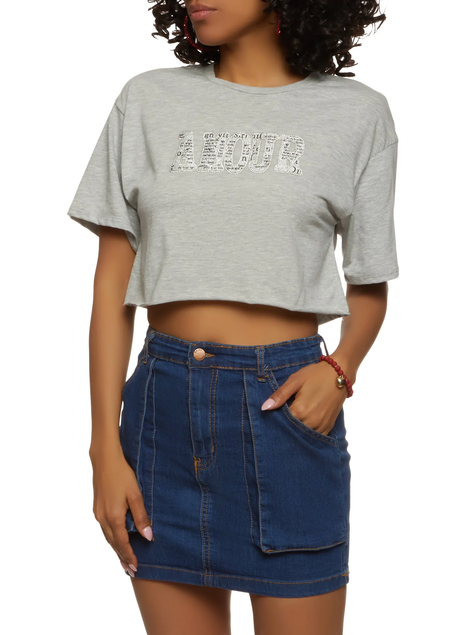 Amour Rhinestone Cropped Graphic Patch Tee