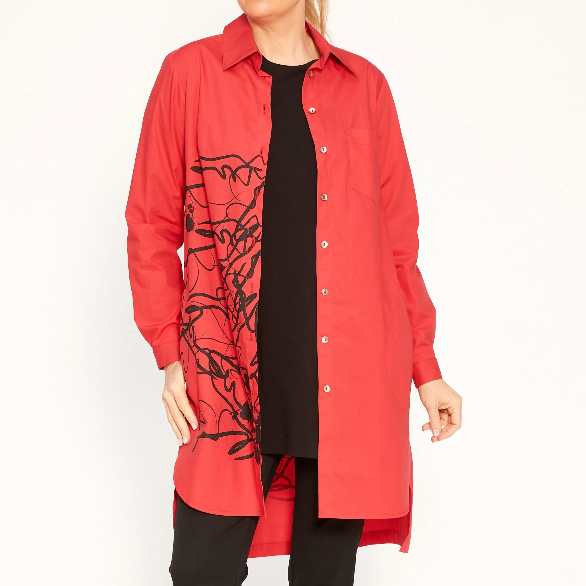 Angie Red Shirt with Abstract Black Print