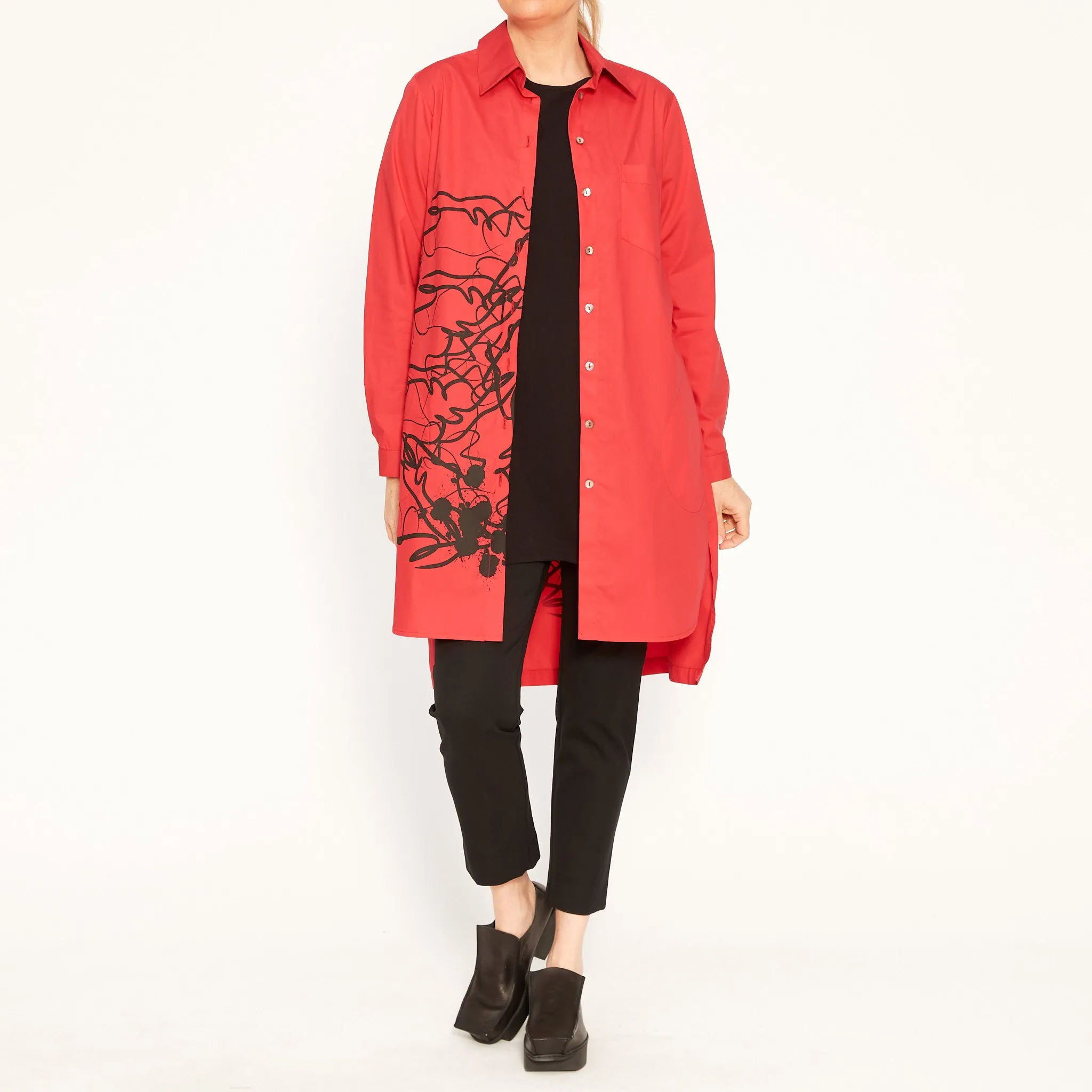 Angie Red Shirt with Abstract Black Print