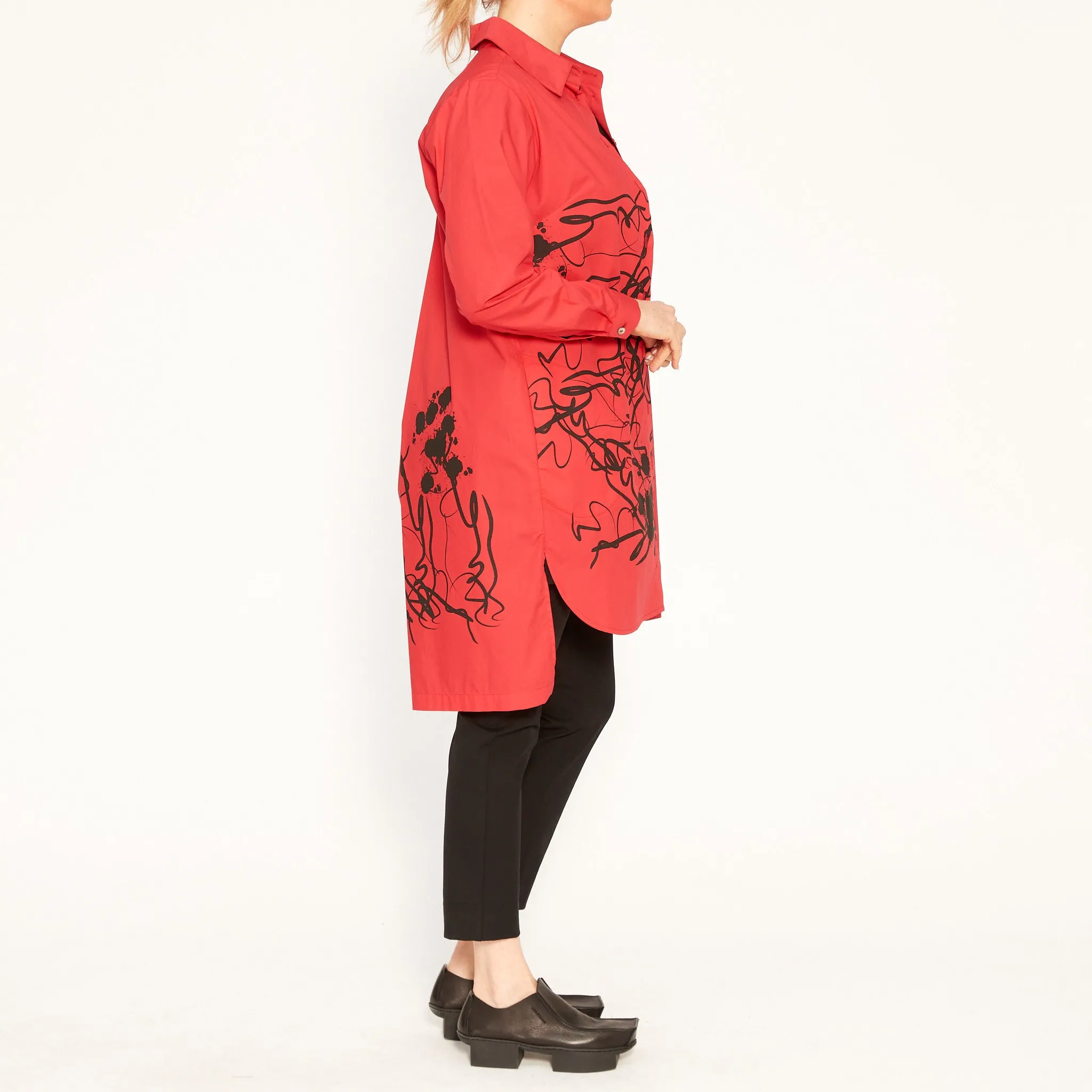 Angie Red Shirt with Abstract Black Print