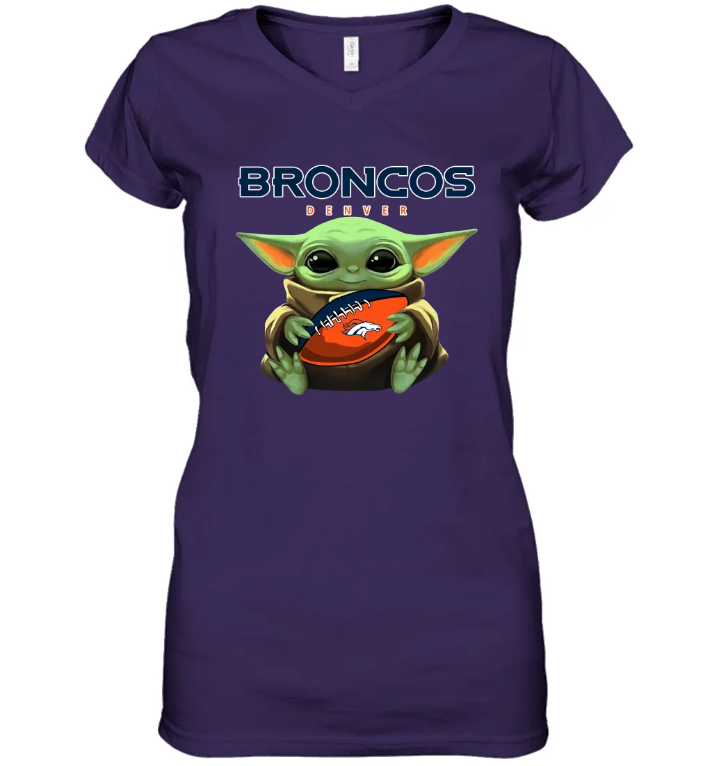 Baby Yoda Loves The Denver Broncos Star Wars Baby Yoda Hugs Broncos NFL Womens V-Neck T-Shirt