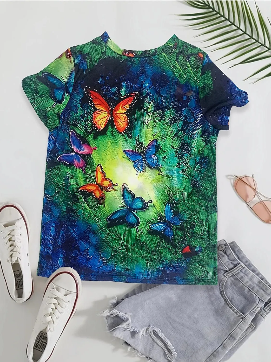 Blue Butterfly Print Women's T-shirt with Round Neck