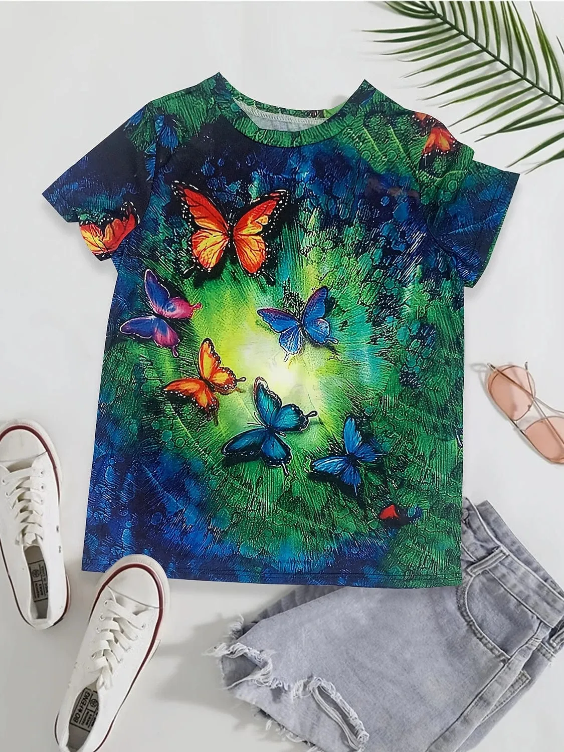 Blue Butterfly Print Women's T-shirt with Round Neck