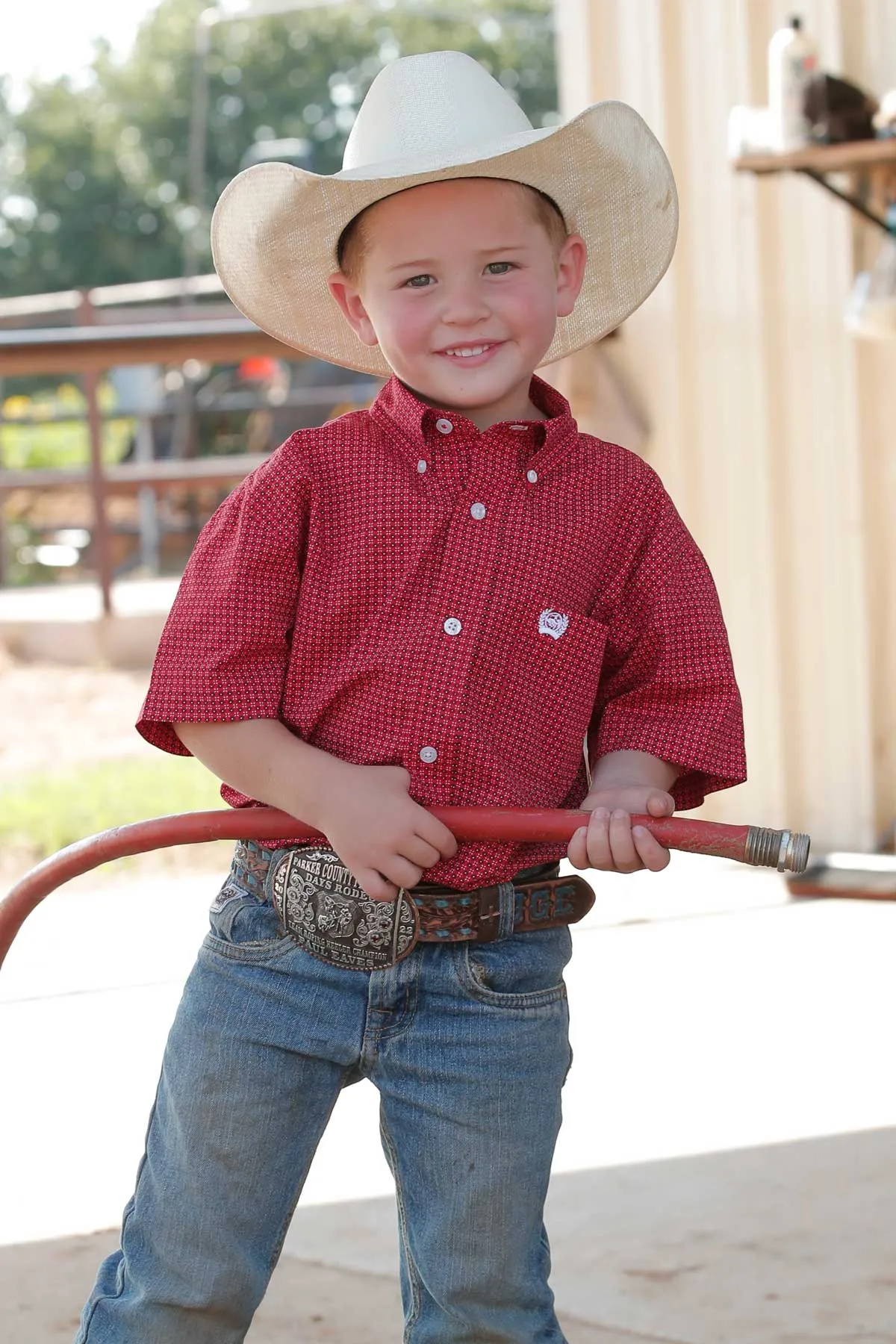 BOYS RED PRINT SHORT SLEEVE CINCH SHIRT