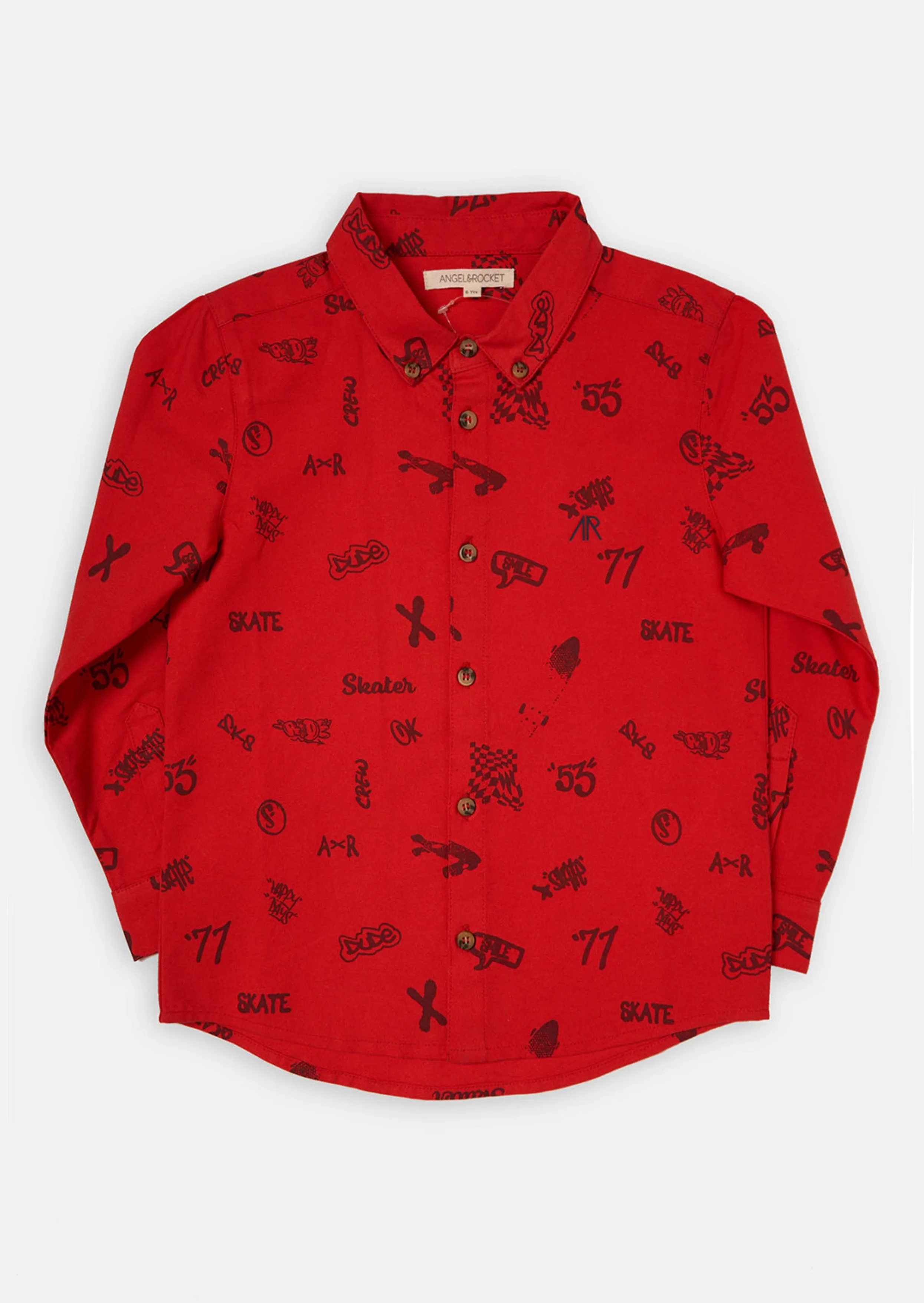 Boys Skater Printed Full Sleeves Cotton Red Smart Shirt