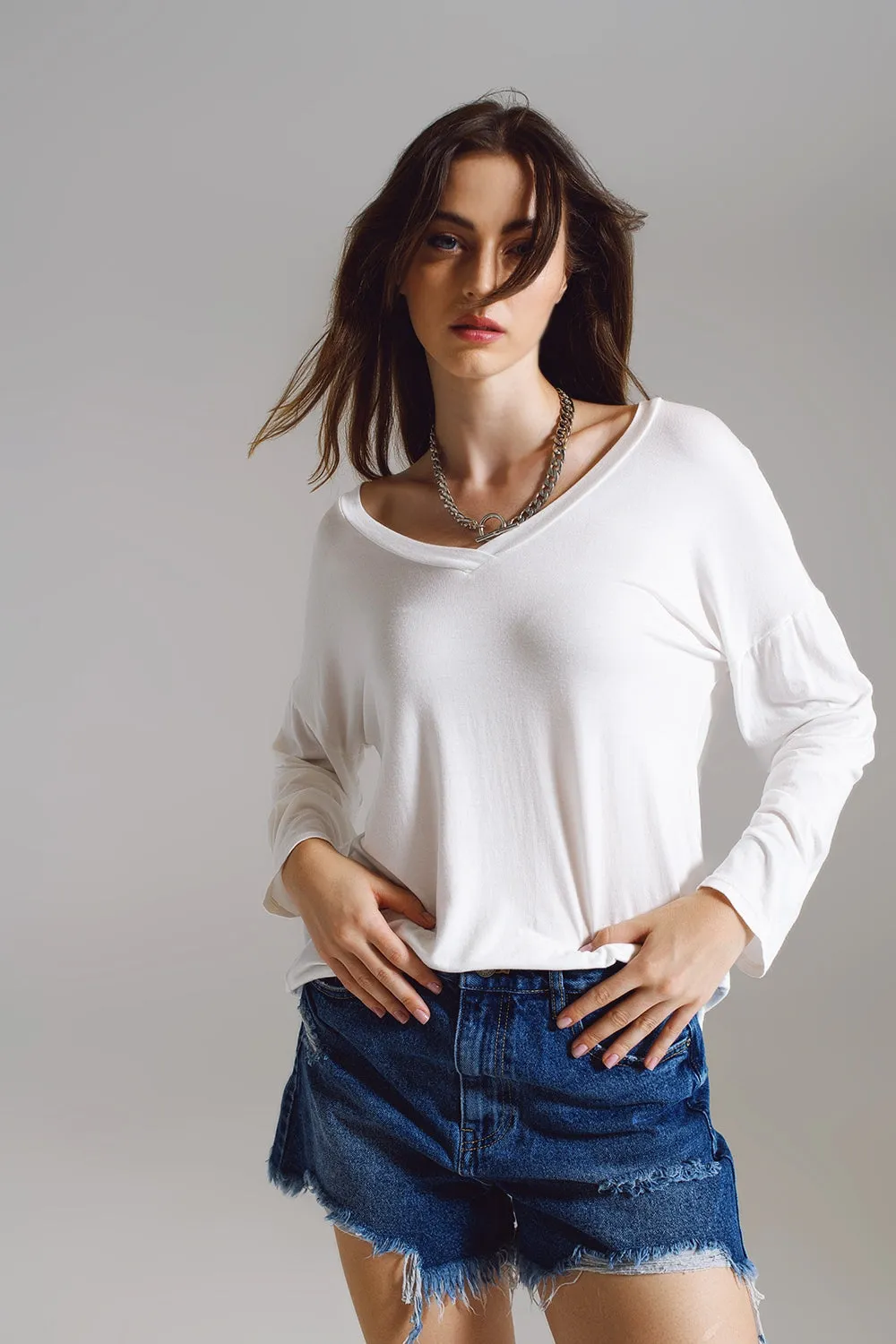 Cream Long Sleeve V-Neck Top in Modal