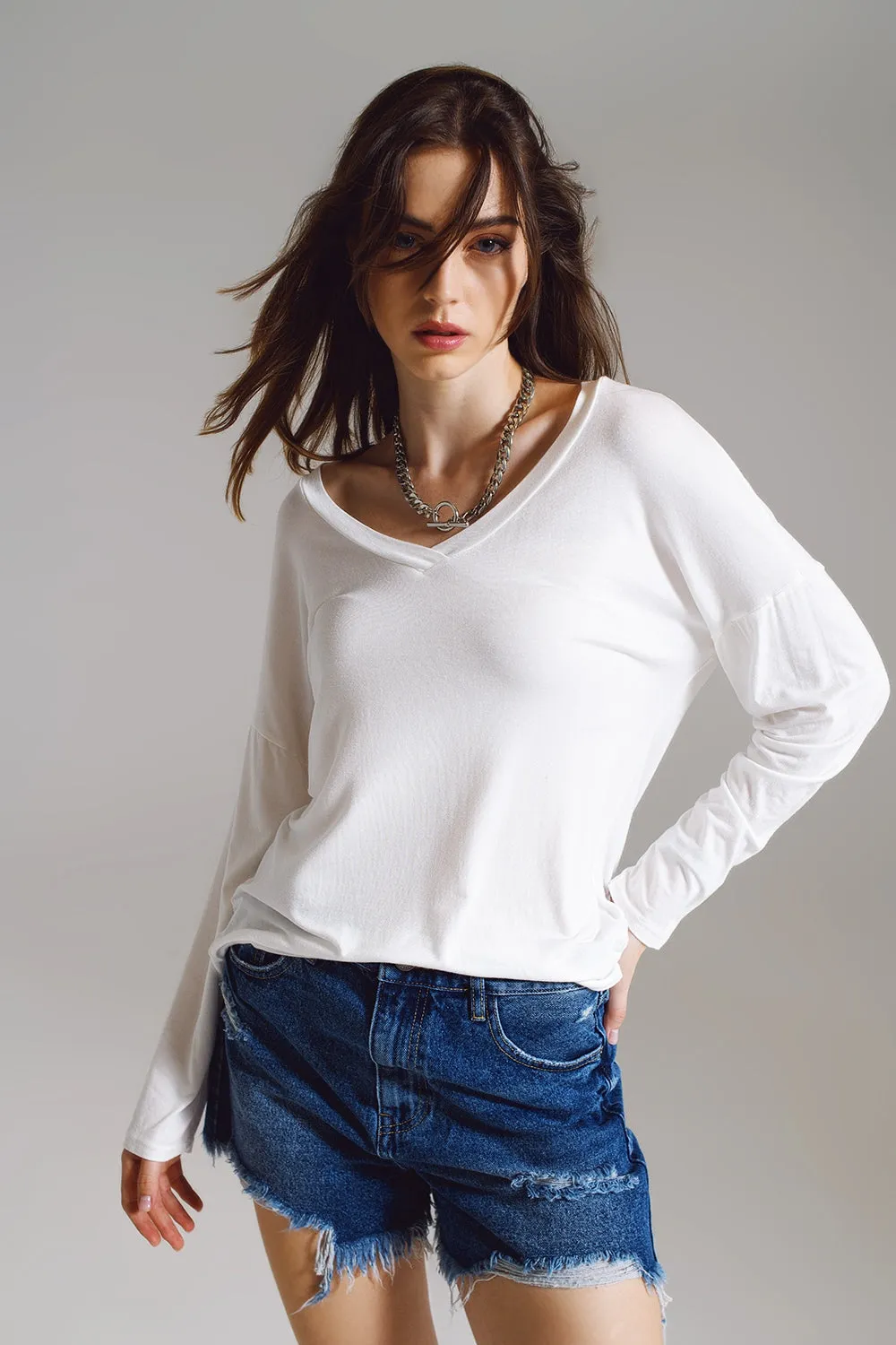 Cream Long Sleeve V-Neck Top in Modal