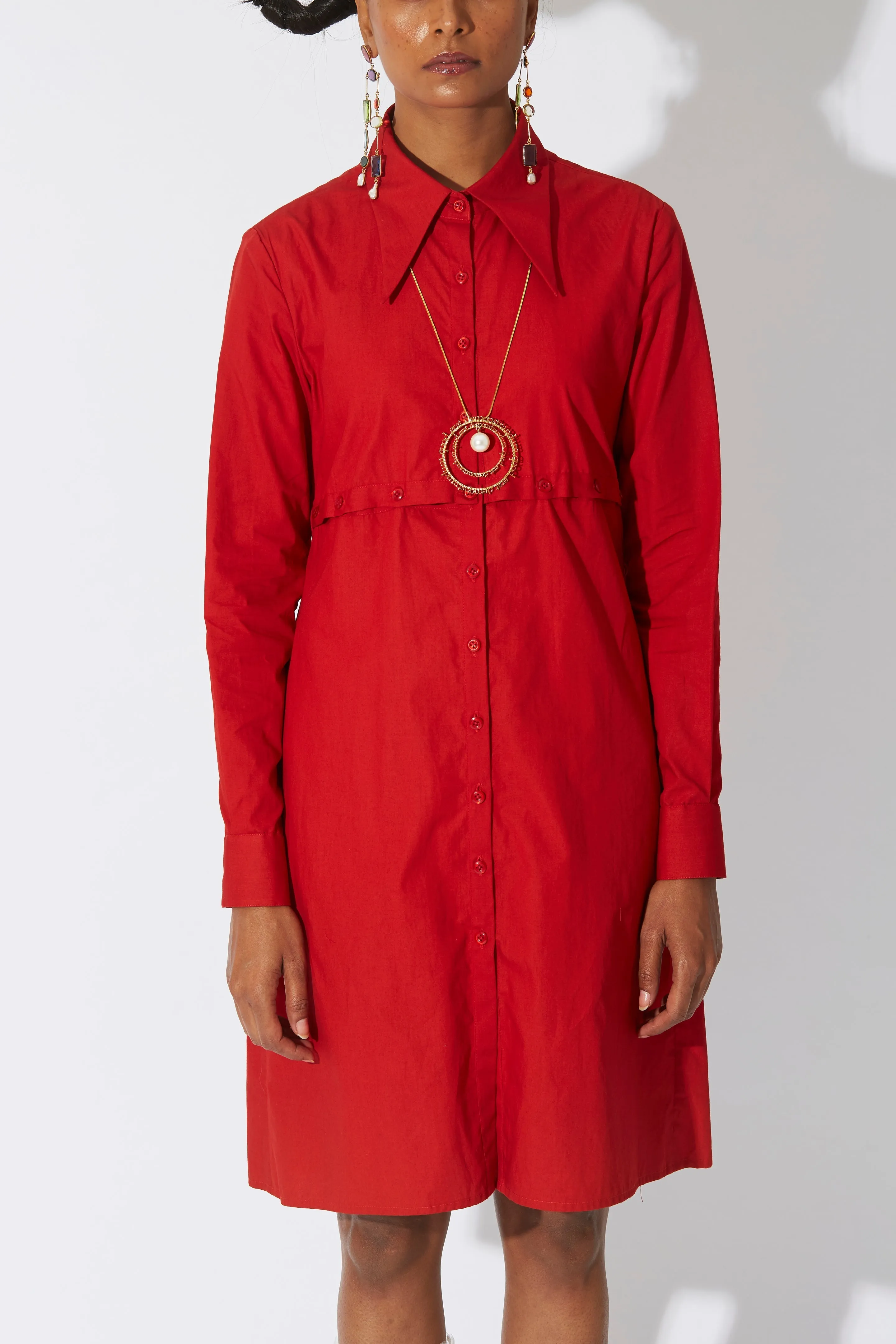 Cross Placket Shirt Dress Red