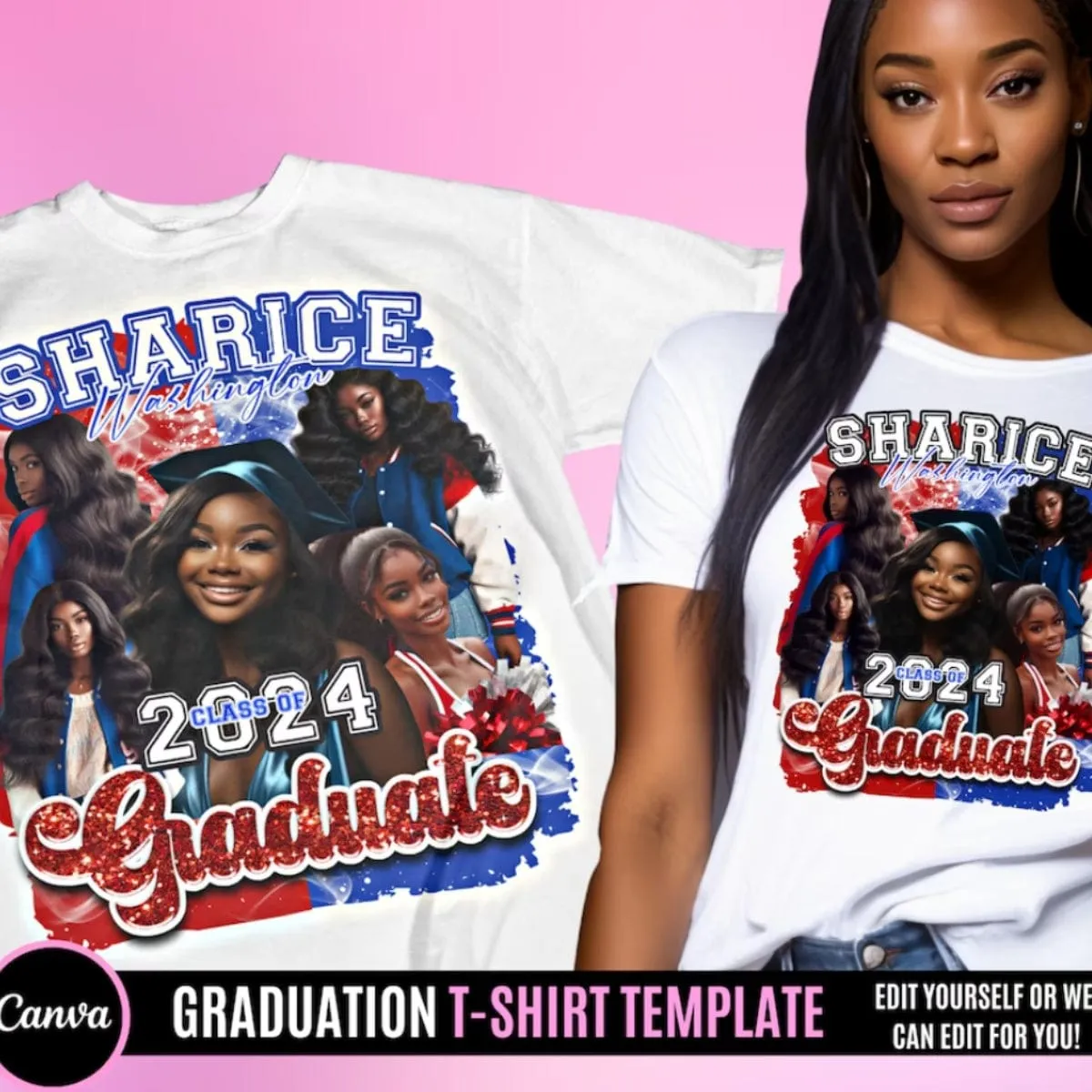 Custom Photo&Name Red and Blue Print Graduation T-Shirt Class of 2024 Graduation Gift