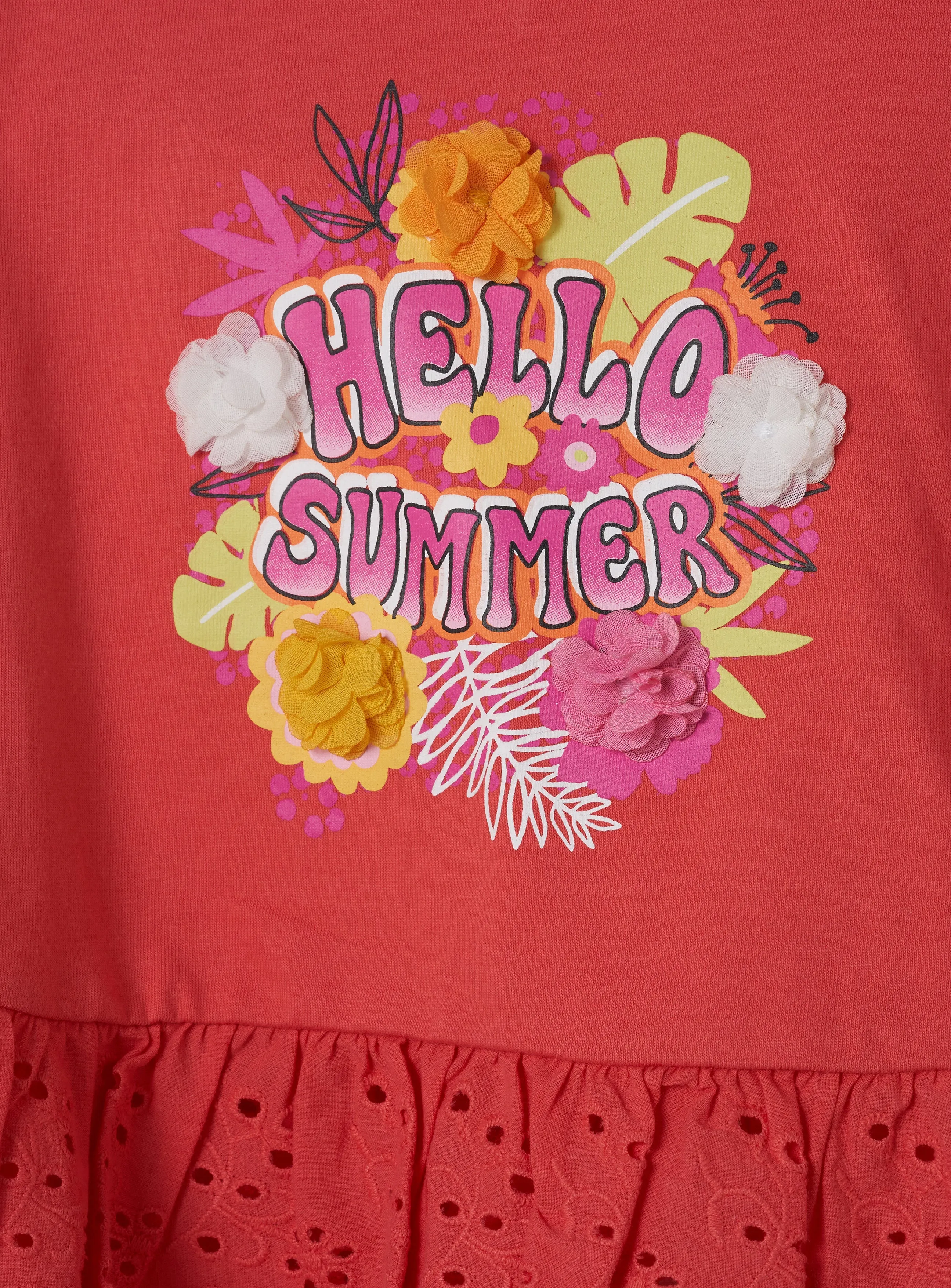 Girls Floral Embroidered Red Top with Frill Sleeves