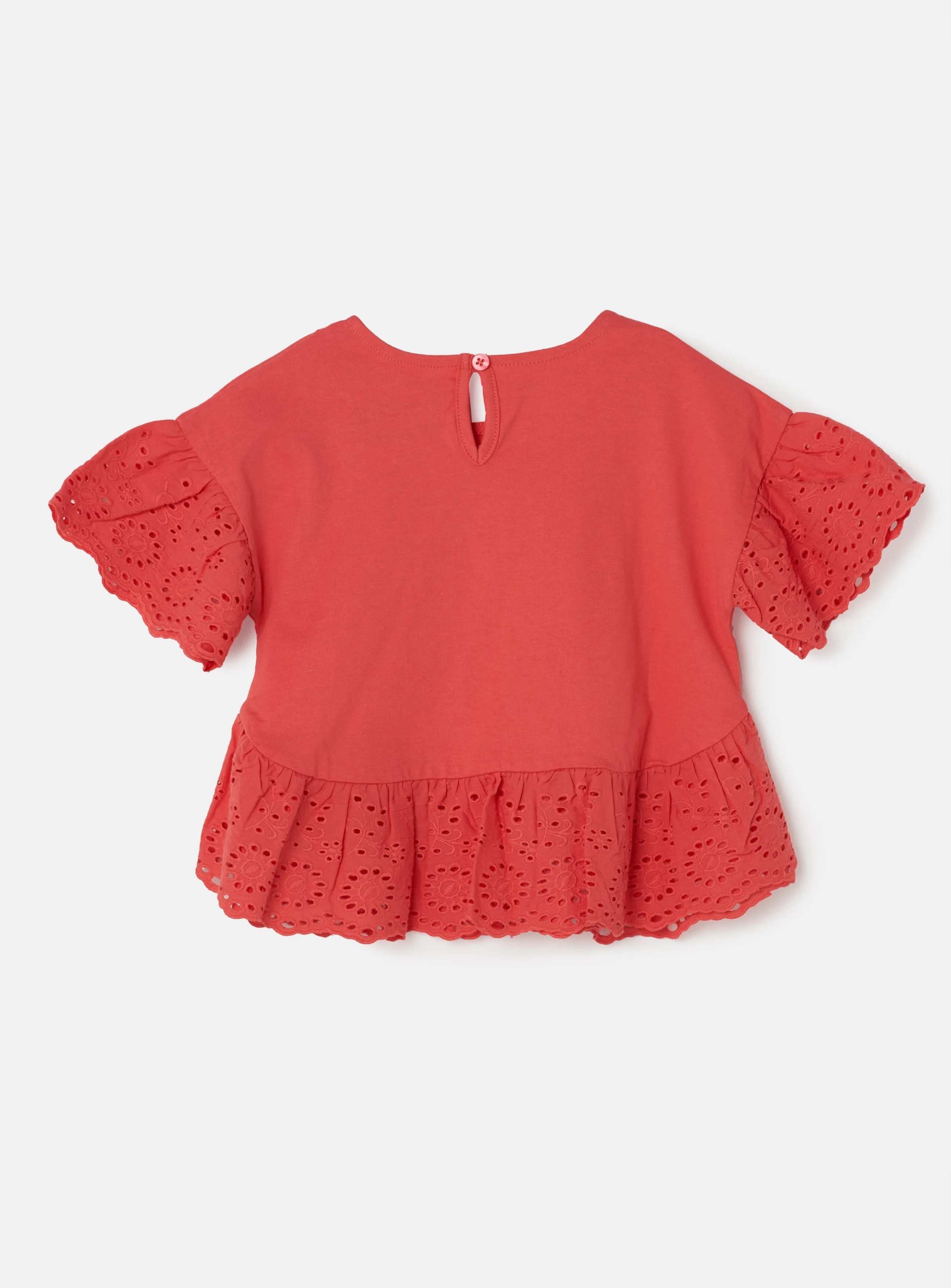 Girls Floral Embroidered Red Top with Frill Sleeves