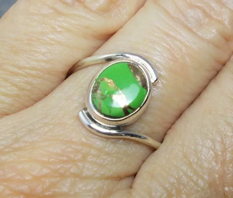 Green Copper Turquoise Statement 925 Sterling Silver Ring, Handcrafted Jewelry, For Women