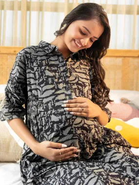 Grey Cotton Abstract A-Line Maternity Kurta