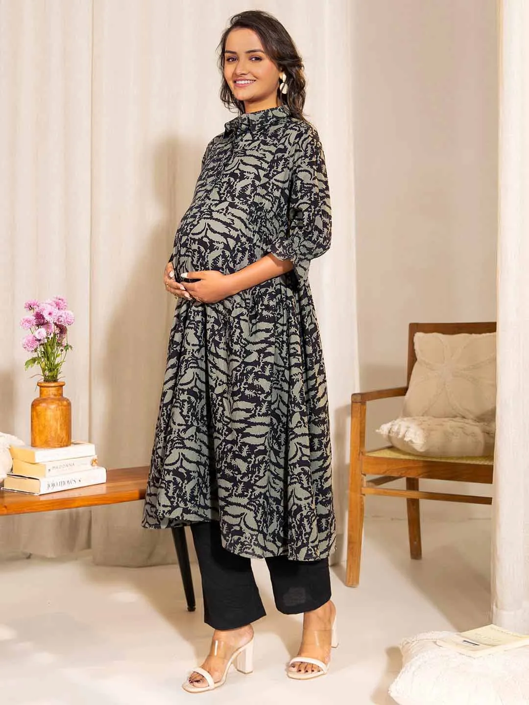 Grey Cotton Abstract A-Line Maternity Kurta