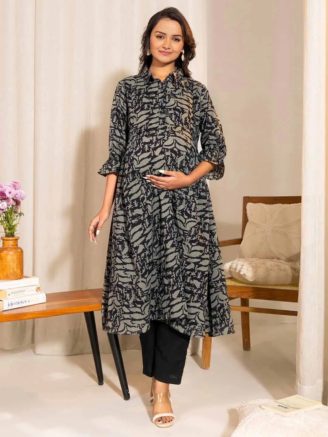 Grey Cotton Abstract A-Line Maternity Kurta