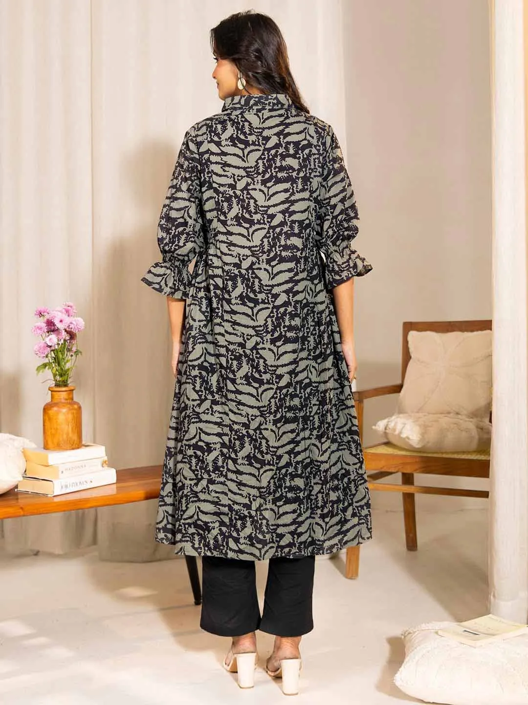 Grey Cotton Abstract A-Line Maternity Kurta