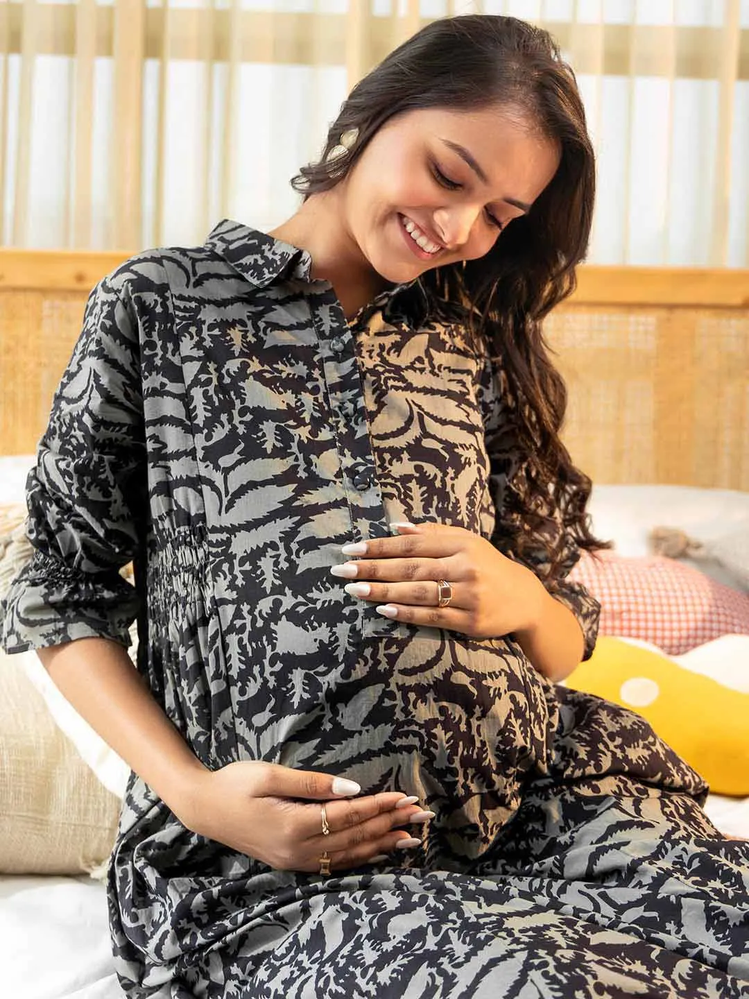 Grey Cotton Abstract A-Line Maternity Kurta