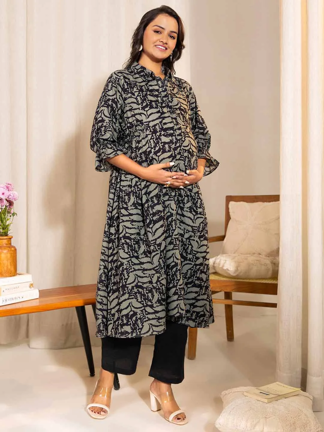 Grey Cotton Abstract A-Line Maternity Kurta