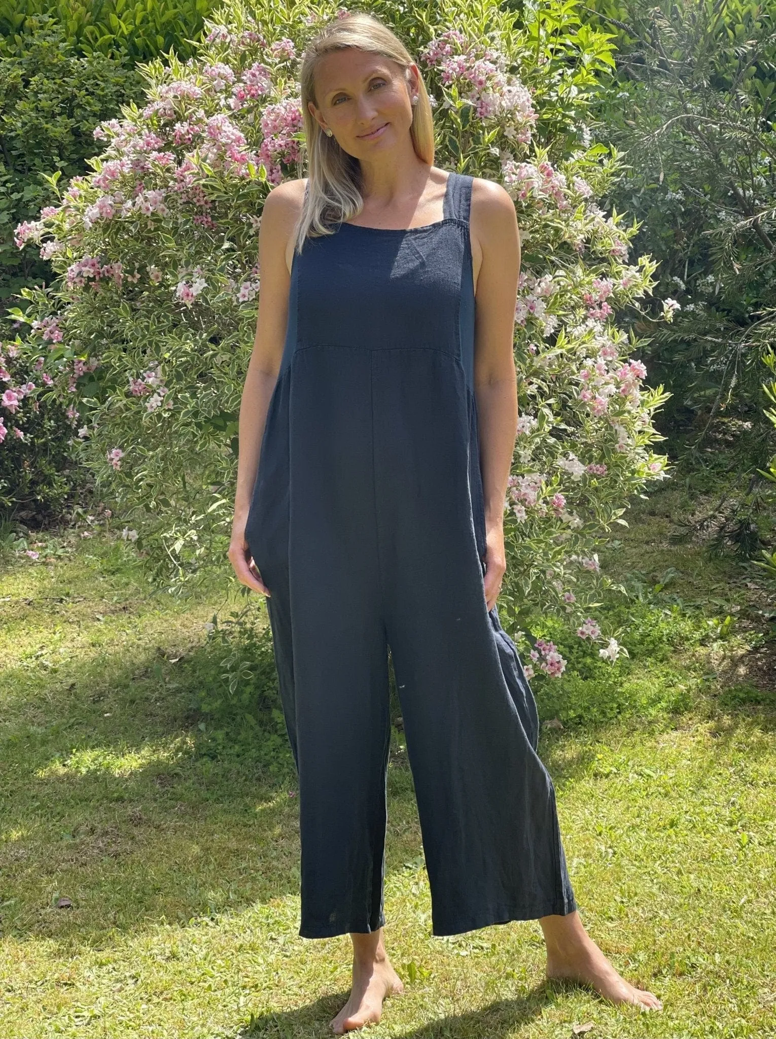 Linen Zip Back Dungarees - Navy Blue