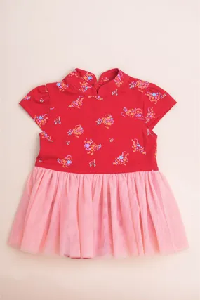 Mandarin-collared Tulle Onesie - Red Mandarin Ducks