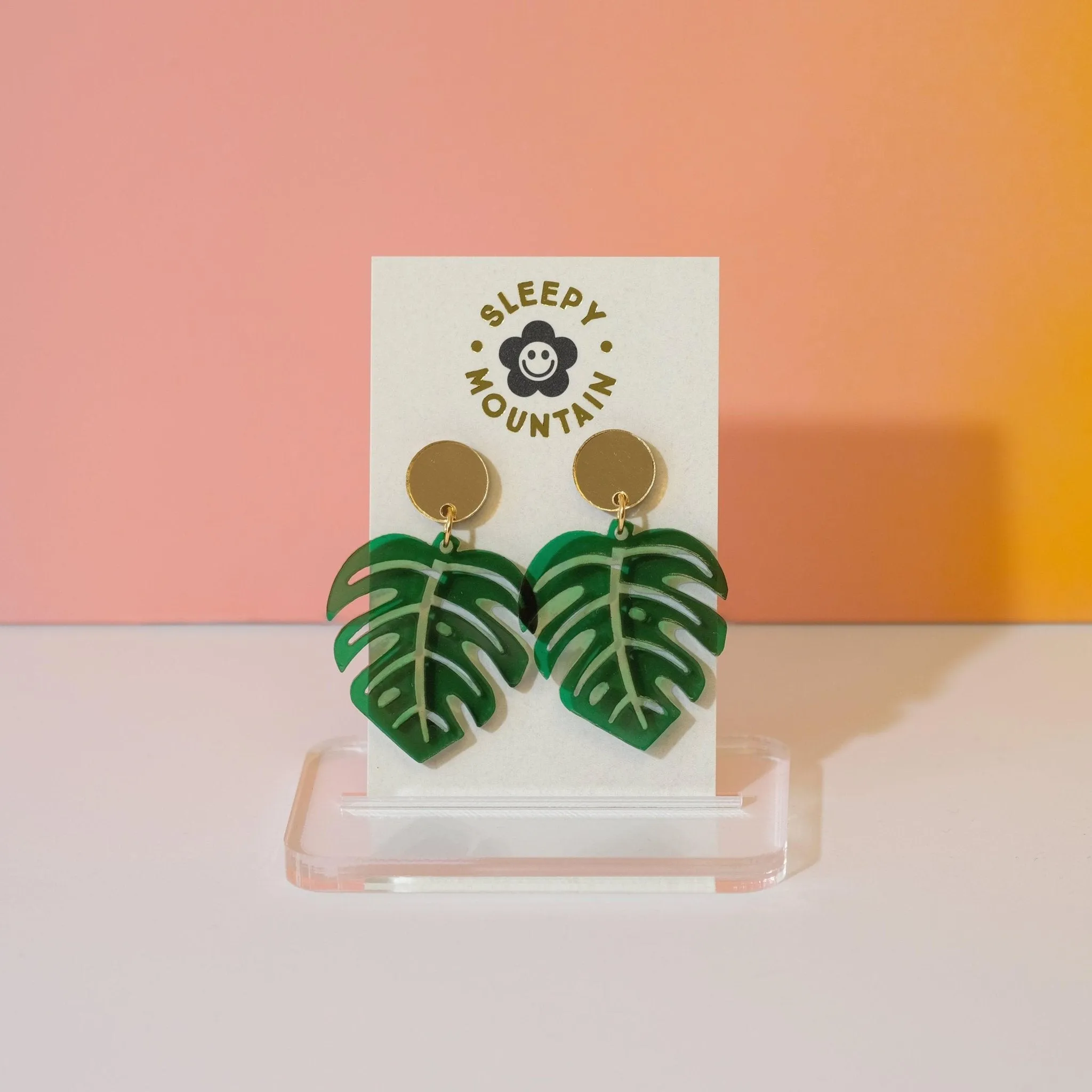 Monstera Leaf Dangle Earrings - Green and Gold