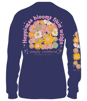 "Simply Southern 100% Cotton Long Sleeve T-Shirt - 'Happiness Blooms from Within' with Floral Design