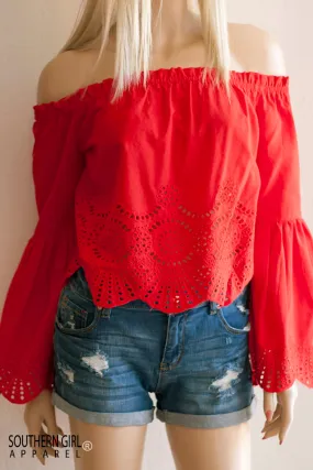 Red Bell Sleeved Off the Shoulder Eyelet Lace Top