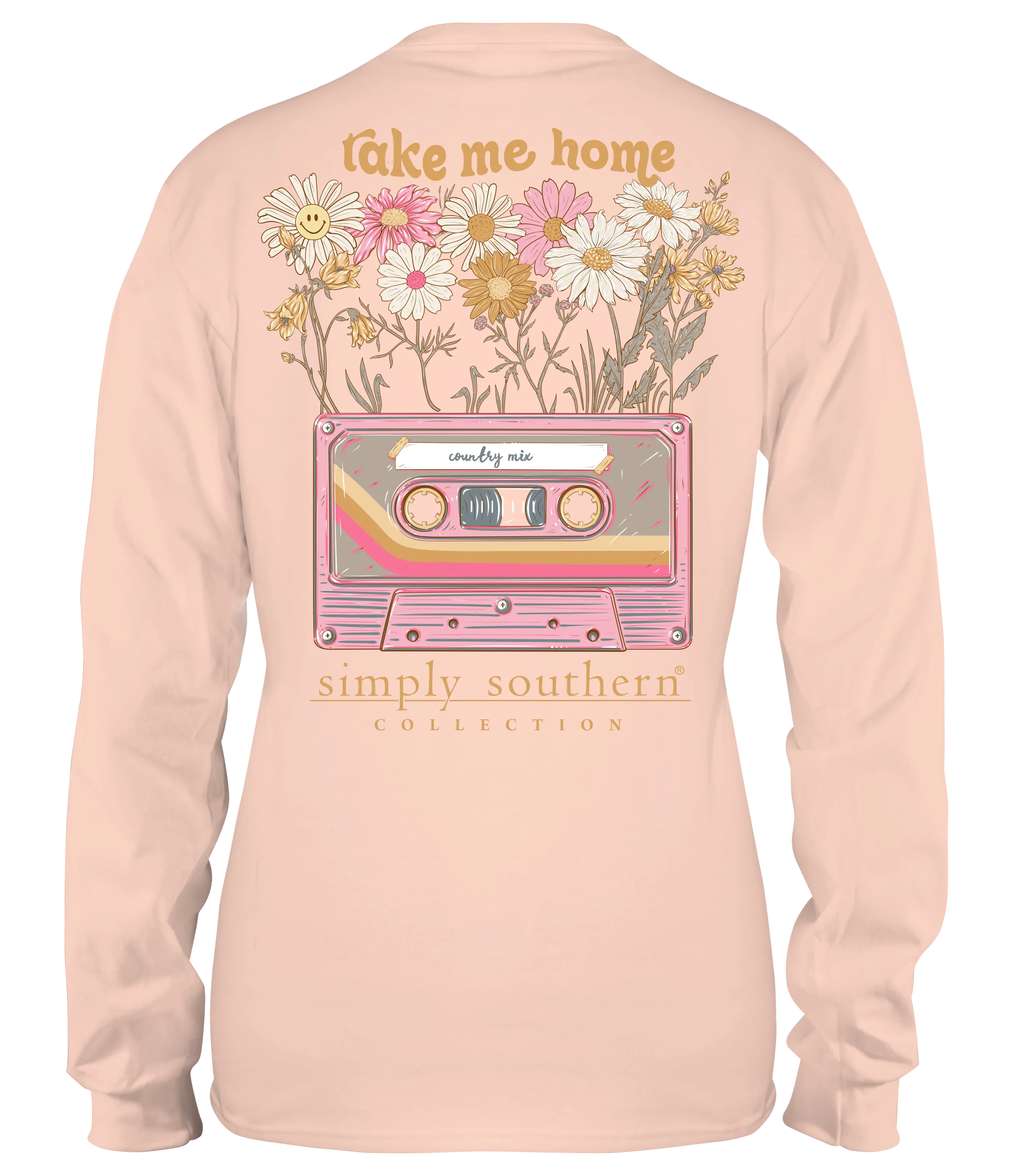 Simply Southern 100% Cotton Long Sleeve T-Shirt - 'Take Me Home' with Floral Design and Vintage Cassette Tape