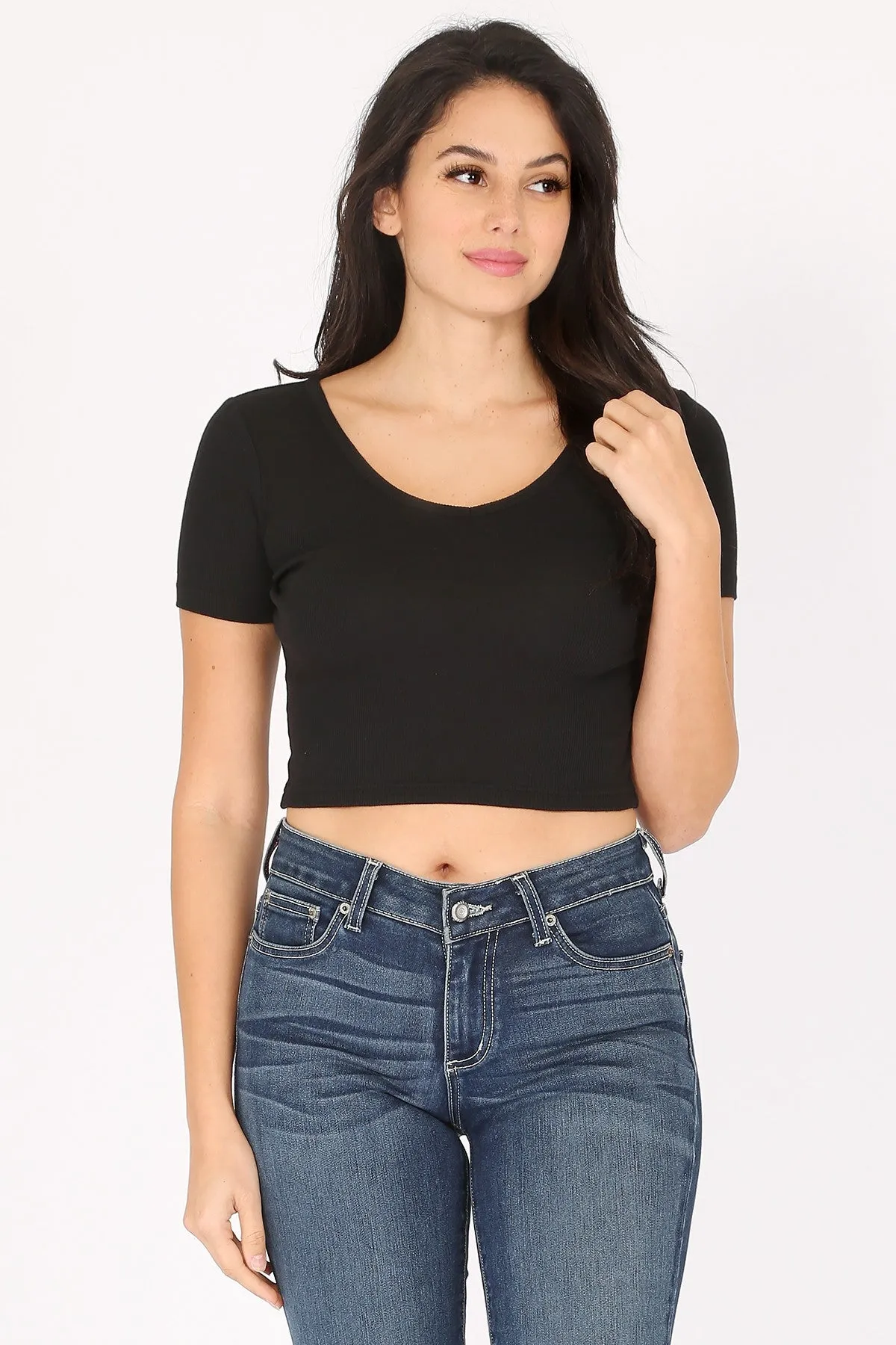 Solid Baby Ribbed V-Neck Short Sleeve Crop T-Shirt