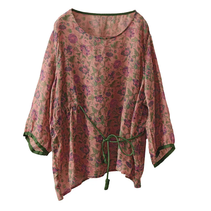 Summer Long Sleeve Thin Linen Retro Floral T-Shirt