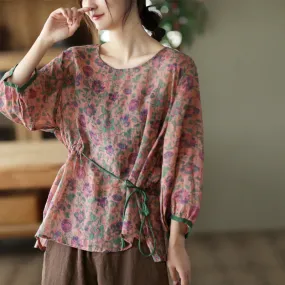 Summer Long Sleeve Thin Linen Retro Floral T-Shirt