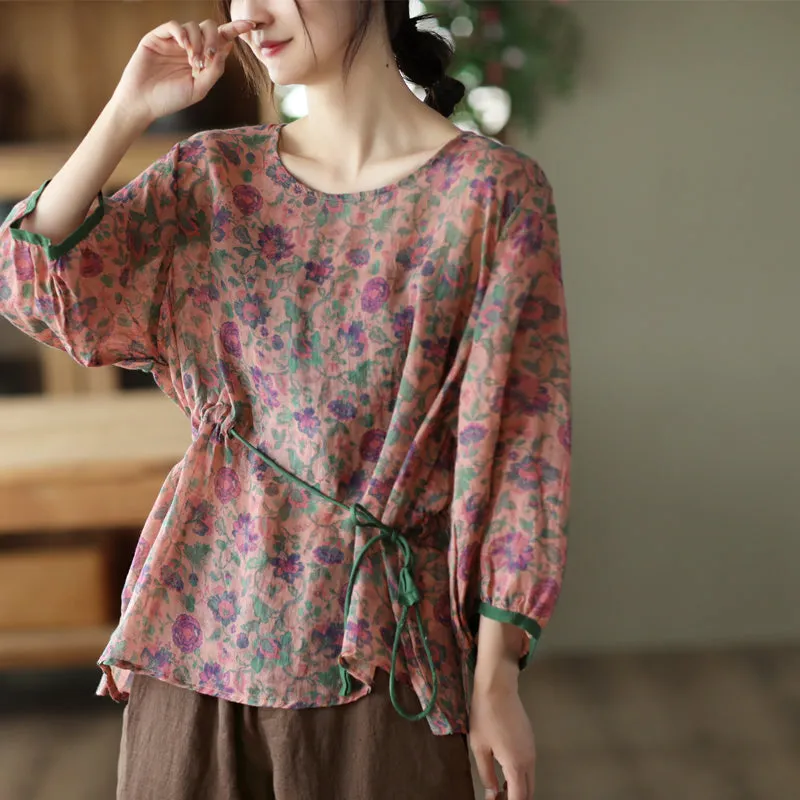 Summer Long Sleeve Thin Linen Retro Floral T-Shirt